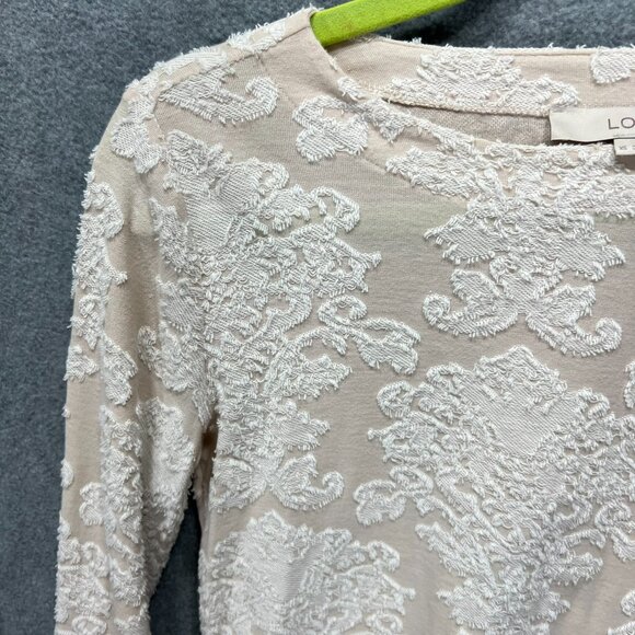 LOFT XS Lace Damask Textured Knit Top Ivory Cream Beige Mixed Media Long Sleeve - Picture 3 of 9